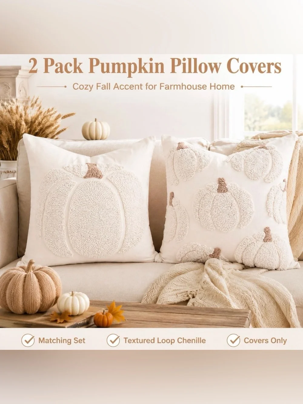 NWT Embroidered Pumpkins Throw Pillow Covers 18x 18 inch Set